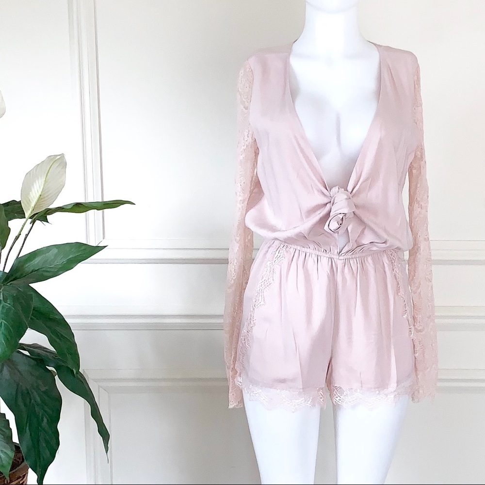 Last One - Blush Tie Front Plunging Lace Trim Romper - Picture 7 of 7